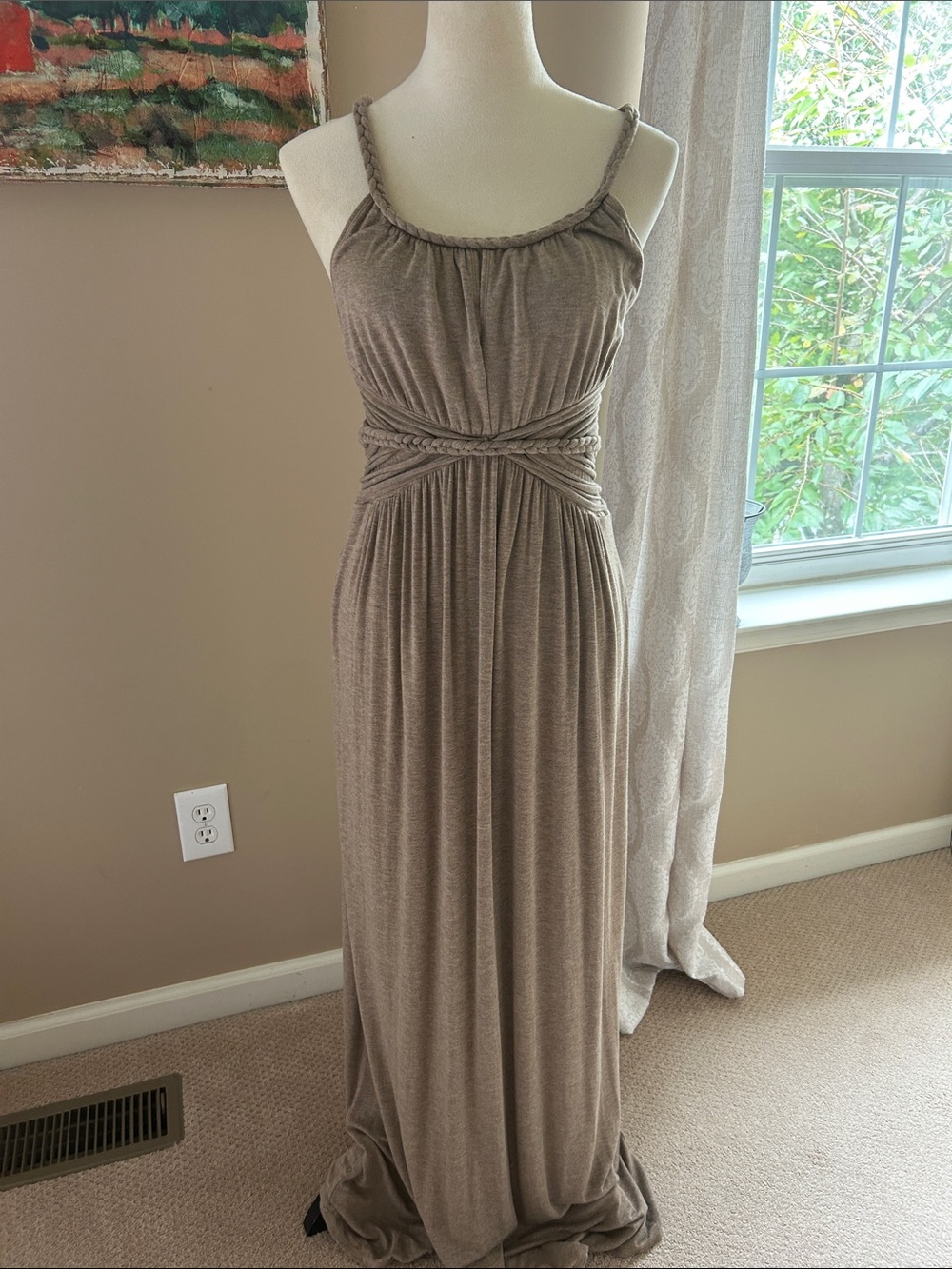 Max Studio Braided-Waist Taupe Maxi Dress with Spaghetti Straps